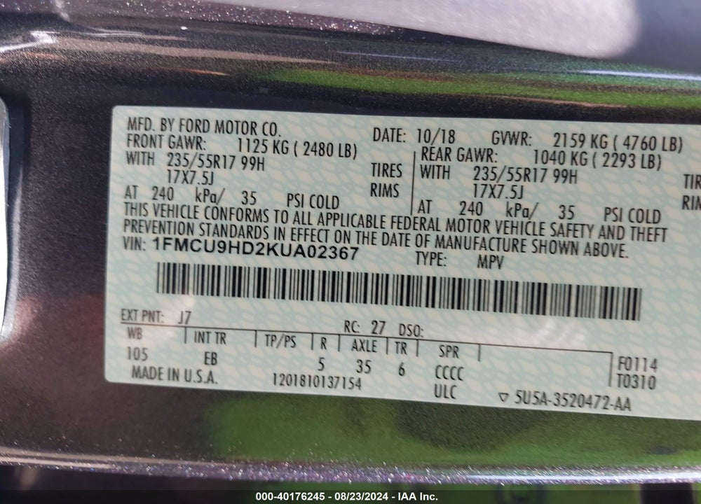 2019 FORD ESCAPE SEL VIN: 1FMCU9HD2KUA02367