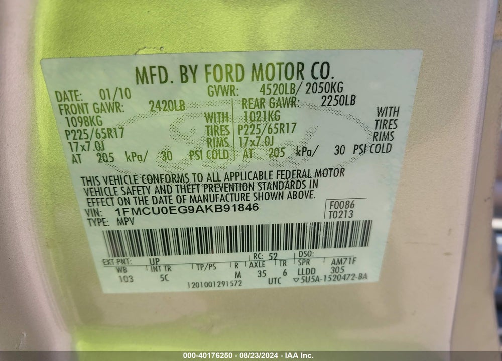 2010 FORD ESCAPE LIMITED VIN: 1FMCU0EG9AKB91846