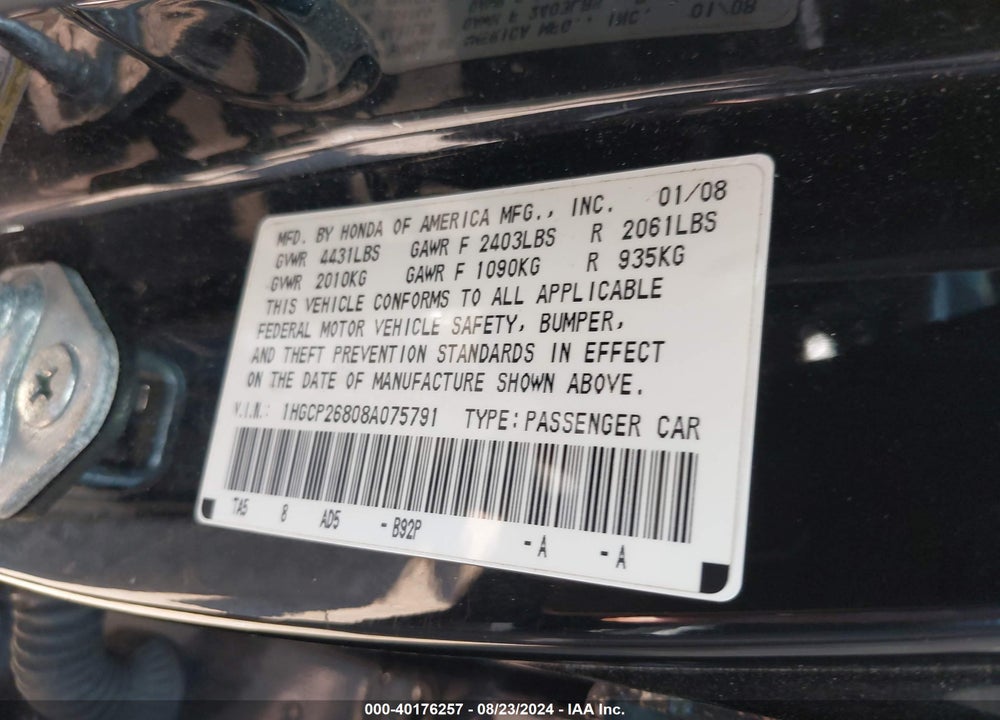 2008 HONDA ACCORD 2.4 EX-L VIN: 1HGCP26808A075791