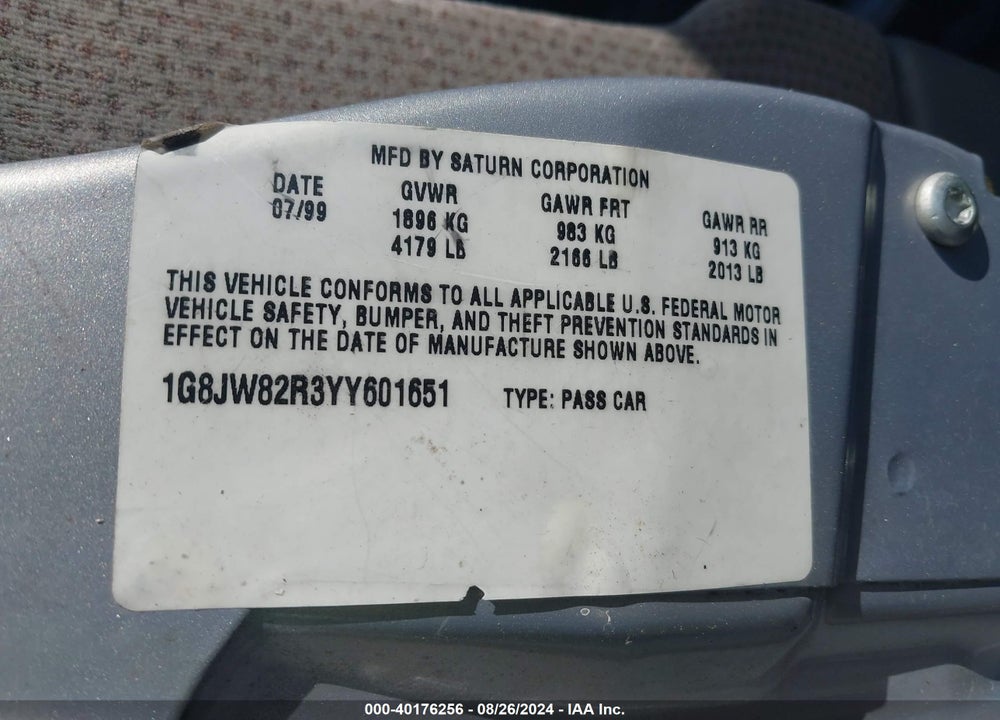 2000 SATURN LW2 VIN: 1G8JW82R3YY601651