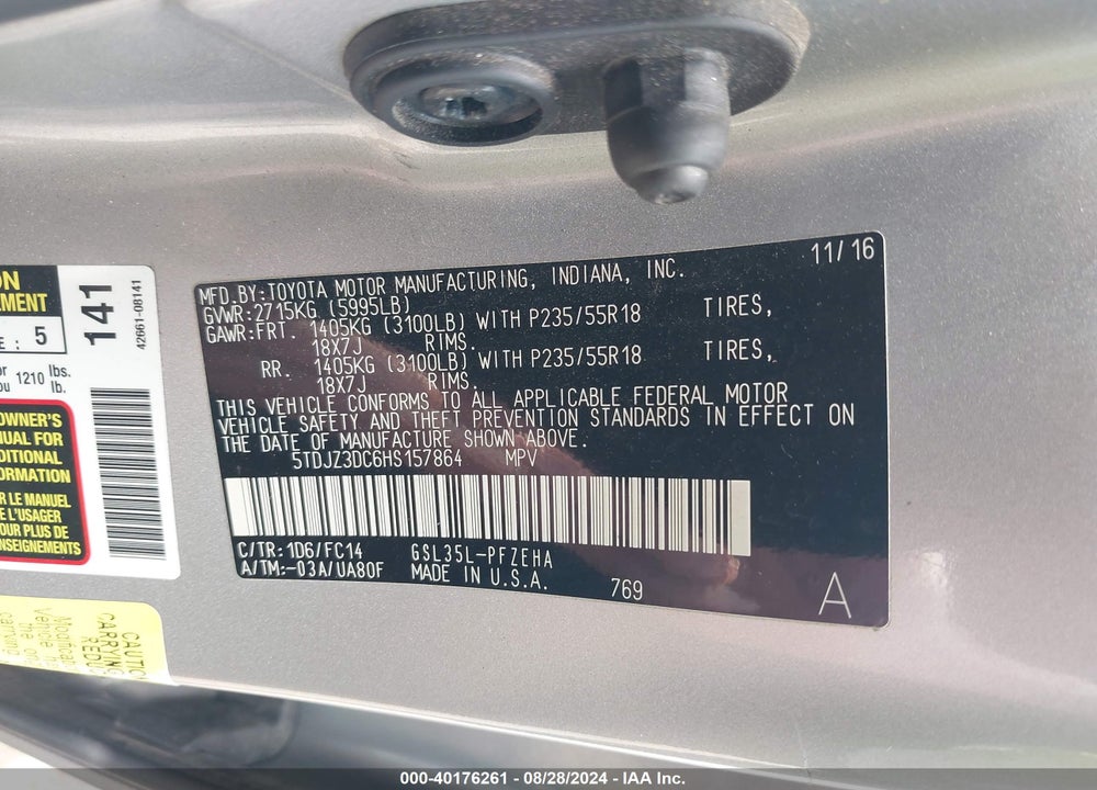 2017 TOYOTA SIENNA LE 7 PASSENGER VIN: 5TDJZ3DC6HS157864