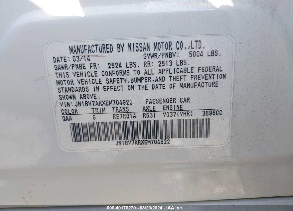 2014 INFINITI Q50 VIN: JN1BV7ARXEM704922