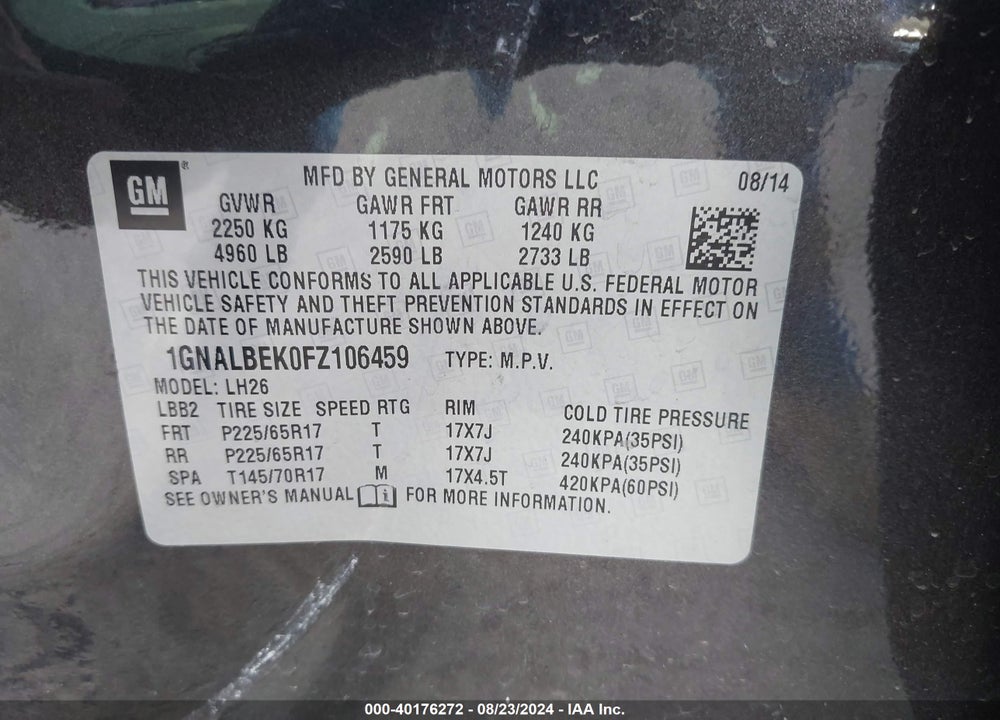 2015 CHEVROLET EQUINOX 1LT VIN: 1GNALBEK0FZ106459