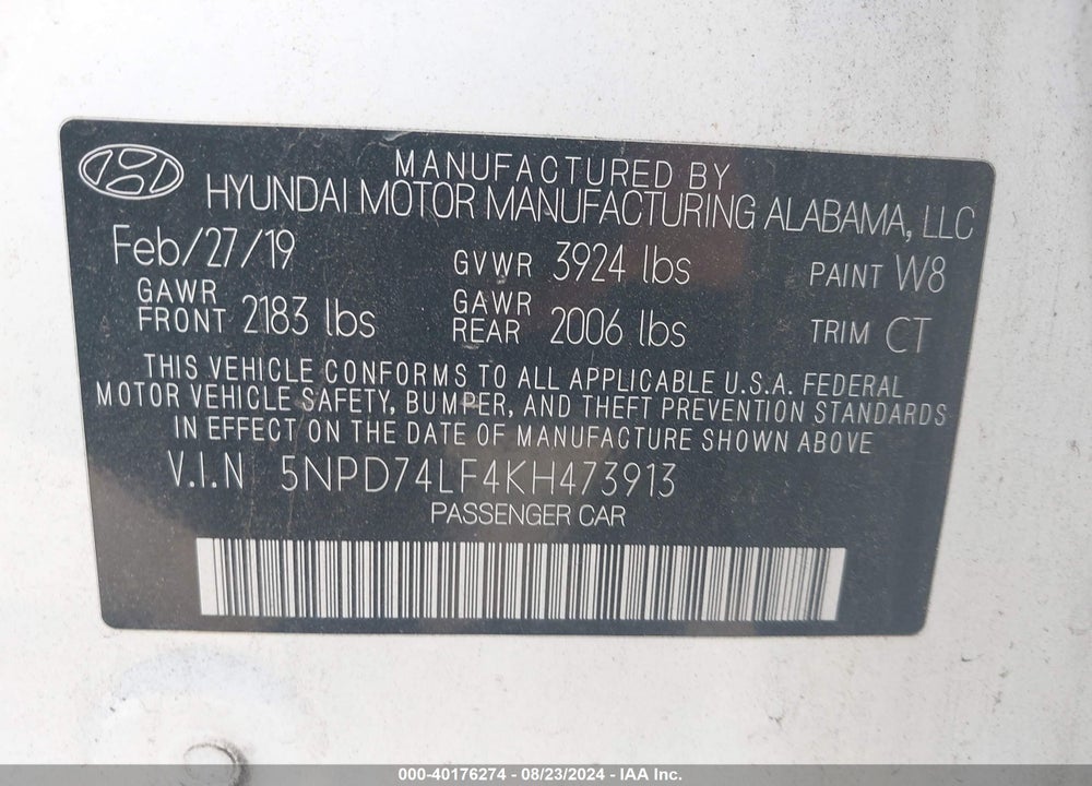 2019 HYUNDAI ELANTRA SE VIN: 5NPD74LF4KH473913