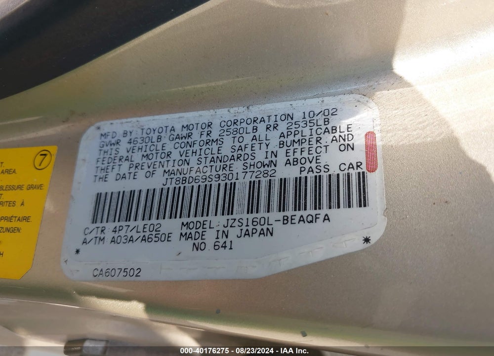 2003 LEXUS GS 300 VIN: JT8BD69S930177282