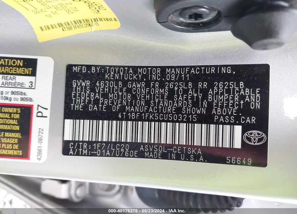 2012 TOYOTA CAMRY SE VIN: 4T1BF1FK5CU503215
