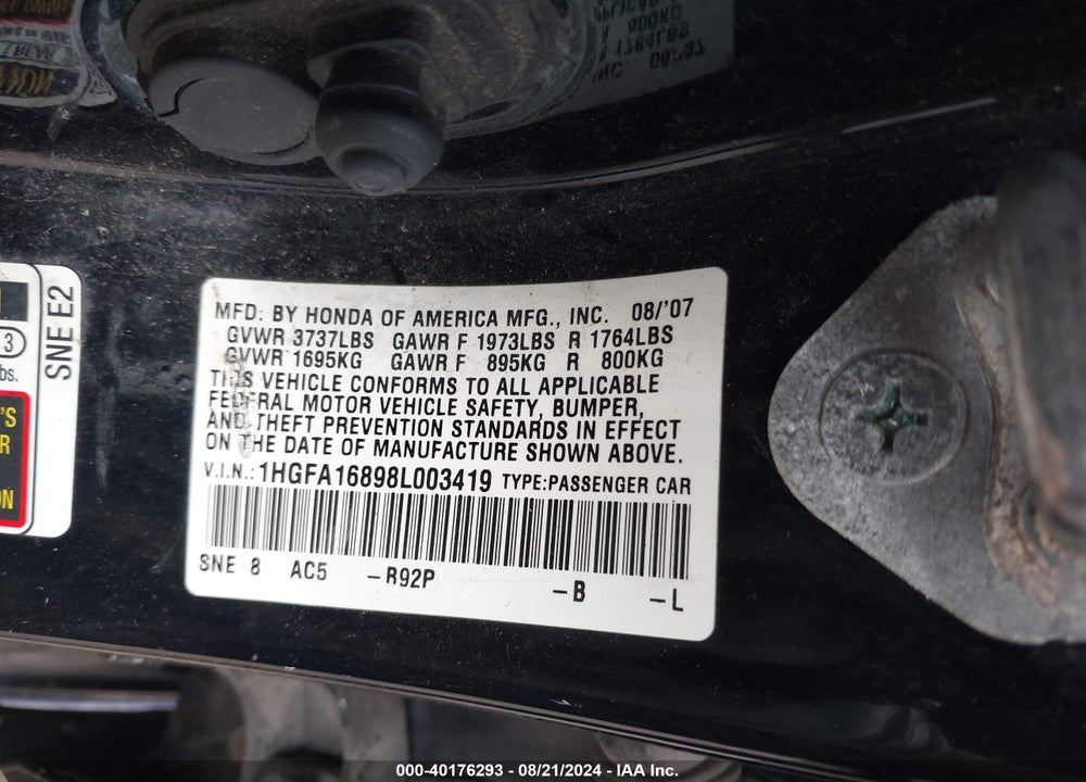 2008 HONDA CIVIC EX VIN: 1HGFA16898L003419