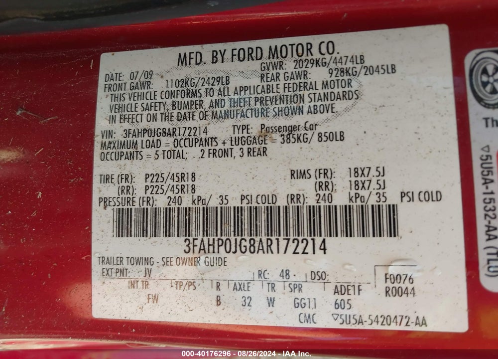 2010 FORD FUSION SEL VIN: 3FAHP0JG8AR172214