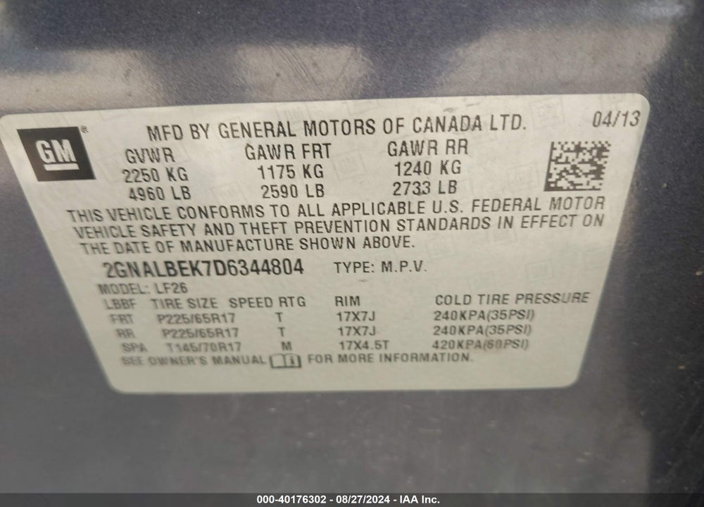 2013 CHEVROLET EQUINOX LS VIN: 2GNALBEK7D6344804