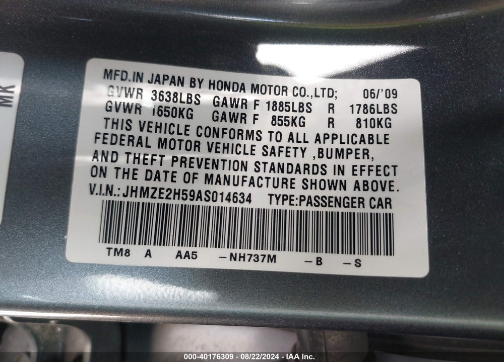 2010 HONDA INSIGHT LX VIN: JHMZE2H59AS014634