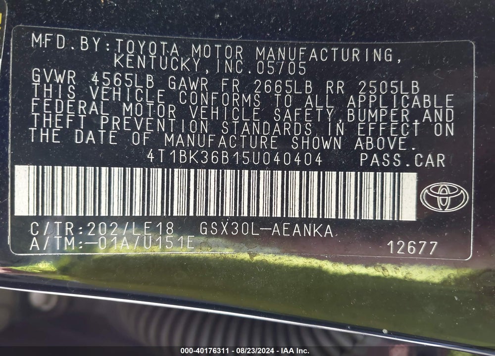 2005 TOYOTA AVALON TOURING VIN: 4T1BK36B15U040404