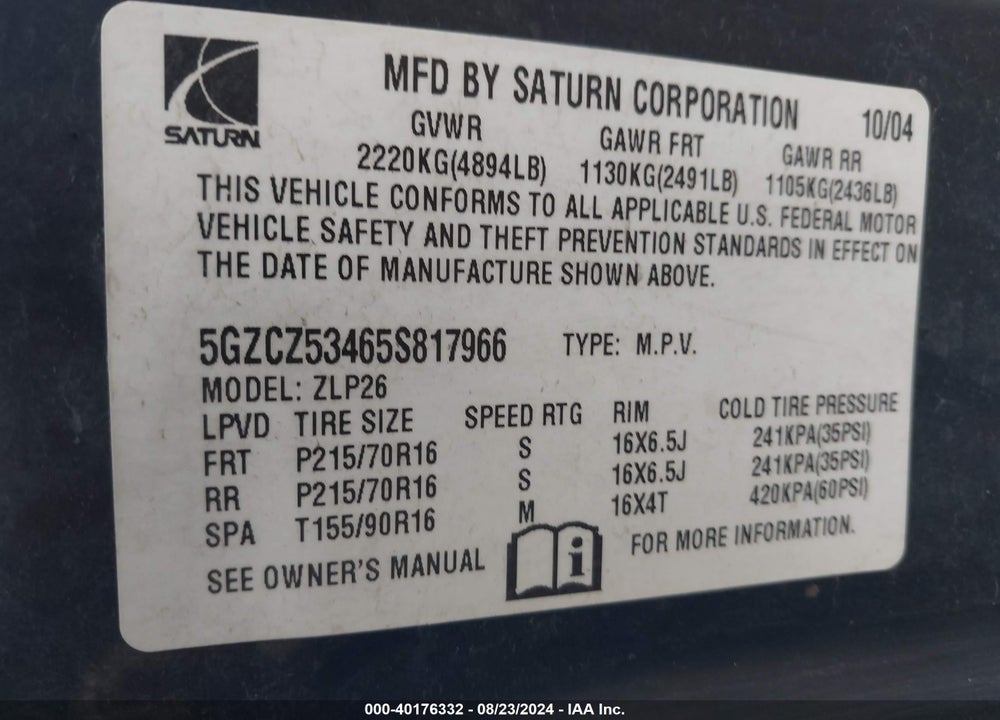 2005 SATURN VUE V6 VIN: 5GZCZ53465S817966