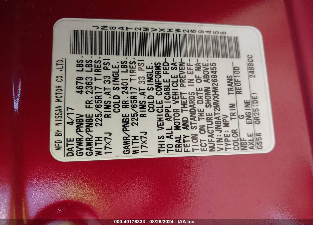 2017 NISSAN ROGUE S VIN: JN8AT2MVXHW269455