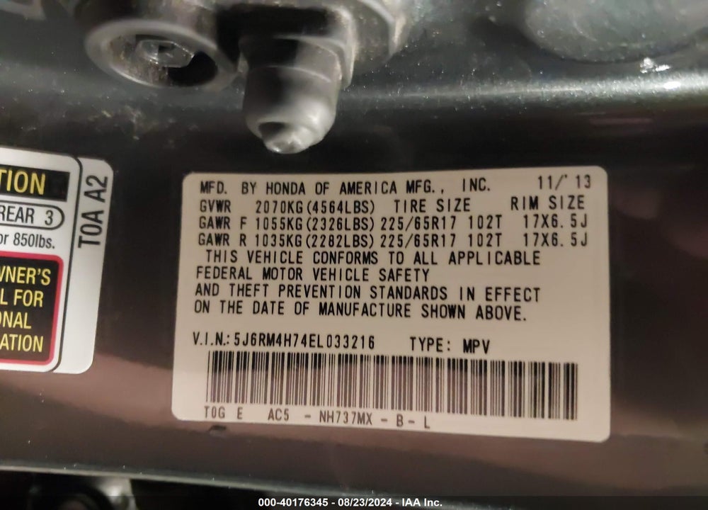 2014 HONDA CR-V EX-L VIN: 5J6RM4H74EL033216
