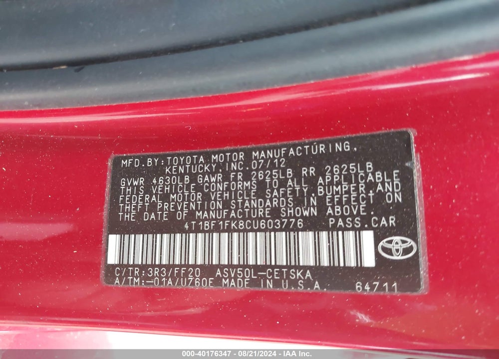 2012 TOYOTA CAMRY SE VIN: 4T1BF1FK8CU603776