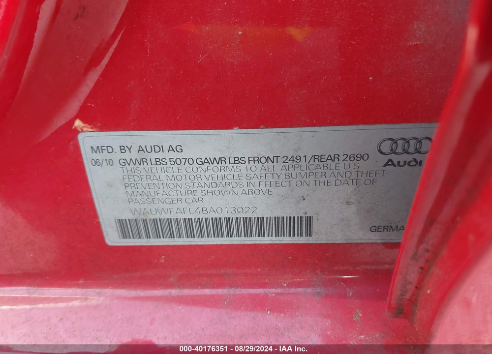 2011 AUDI A4 2.0T PREMIUM VIN: WAUWFAFL4BA013022