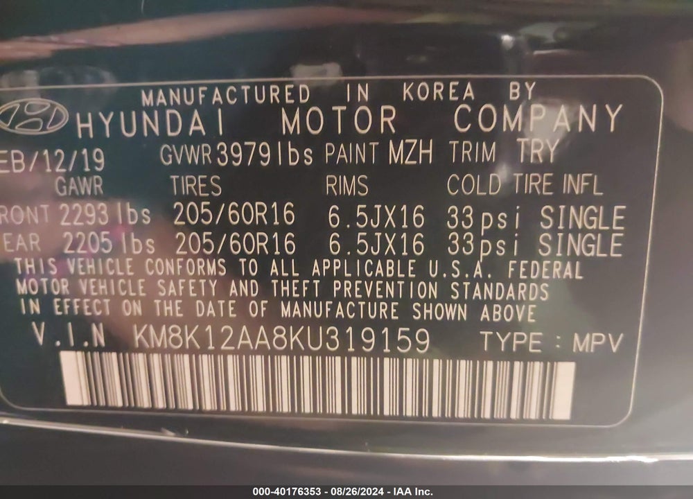 2019 HYUNDAI KONA SE VIN: KM8K12AA8KU319159