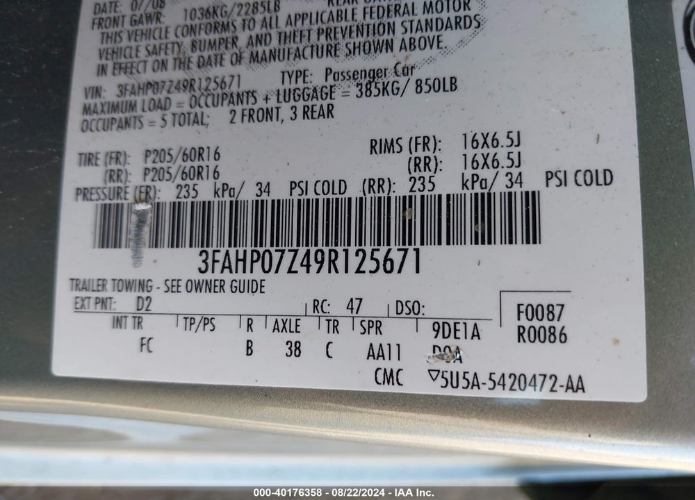 2009 FORD FUSION SE VIN: 3FAHP07Z49R125671