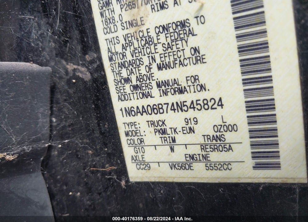 2004 NISSAN TITAN SE VIN: 1N6AA06B74N545824