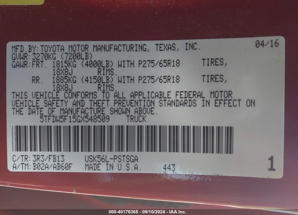 2016 TOYOTA TUNDRA SR5 5.7L V8 VIN: 5TFDW5F15GX548509