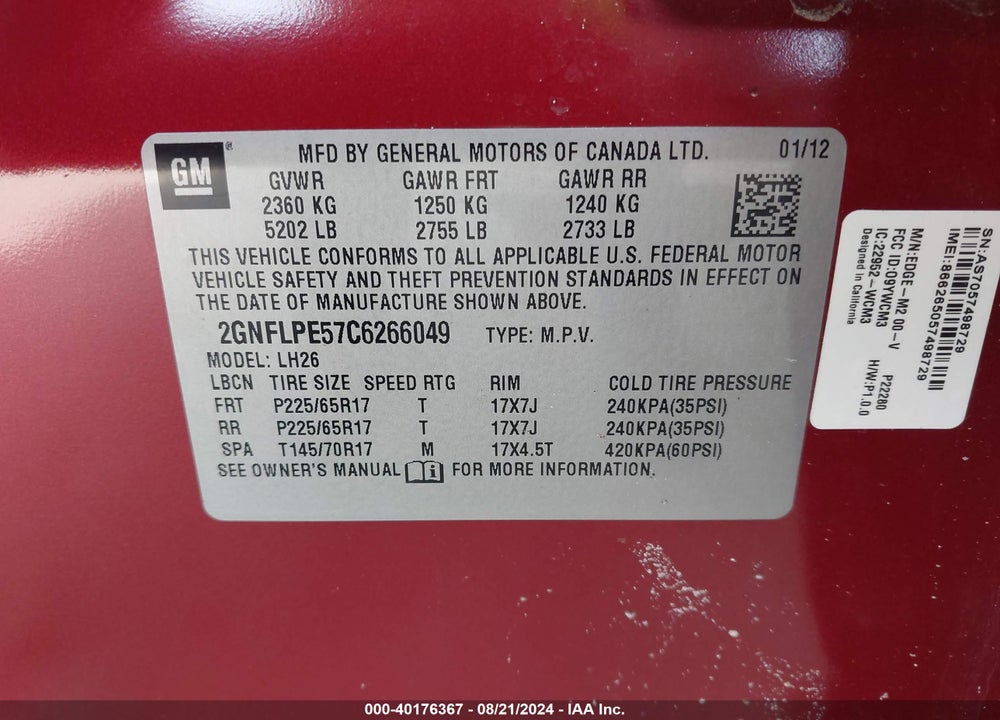 2012 CHEVROLET EQUINOX 2LT VIN: 2GNFLPE57C6266049