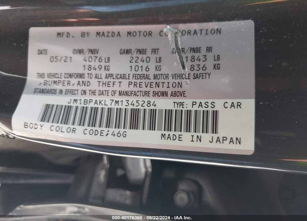 2021 MAZDA 3 SELECT VIN: JM1BPAKL7M1345284