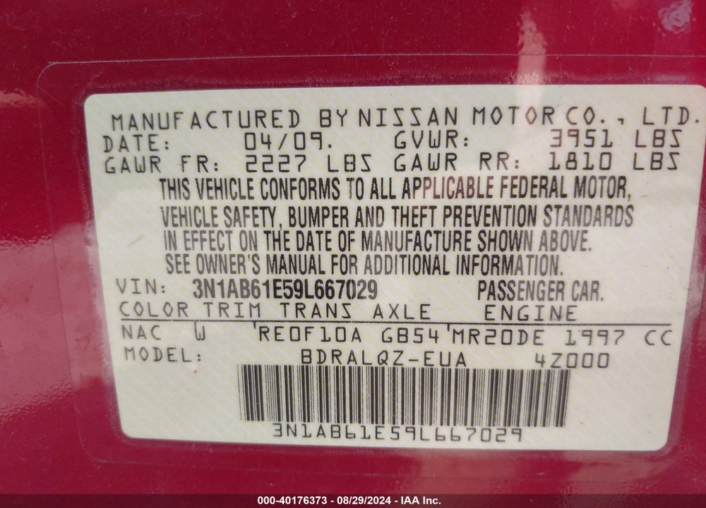 2009 NISSAN SENTRA 2.0 VIN: 3N1AB61E59L667029