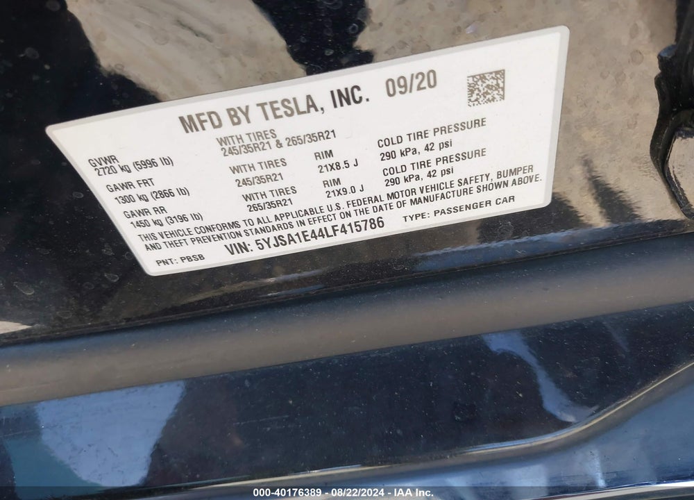 2020 TESLA MODEL S PERFORMANCE DUAL MOTOR ALL-WHEEL DRIVE VIN: 5YJSA1E44LF415786