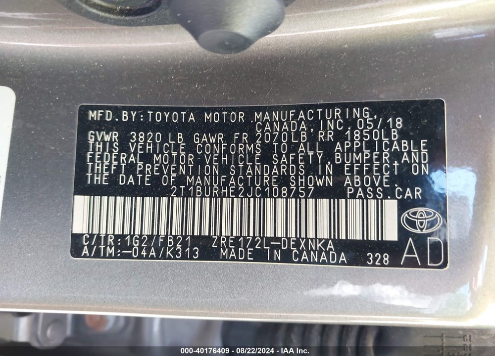 2018 TOYOTA COROLLA LE VIN: 2T1BURHE2JC108757