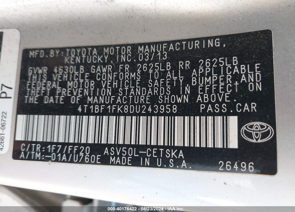 2013 TOYOTA CAMRY SE VIN: 4T1BF1FK8DU243958