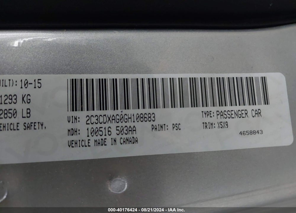 2016 DODGE CHARGER VIN: 2C3CDXAG0GH108683