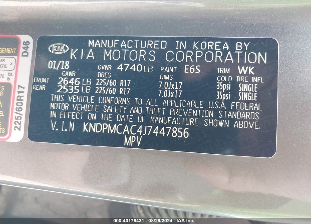 2018 KIA SPORTAGE LX VIN: KNDPMCAC4J7447856