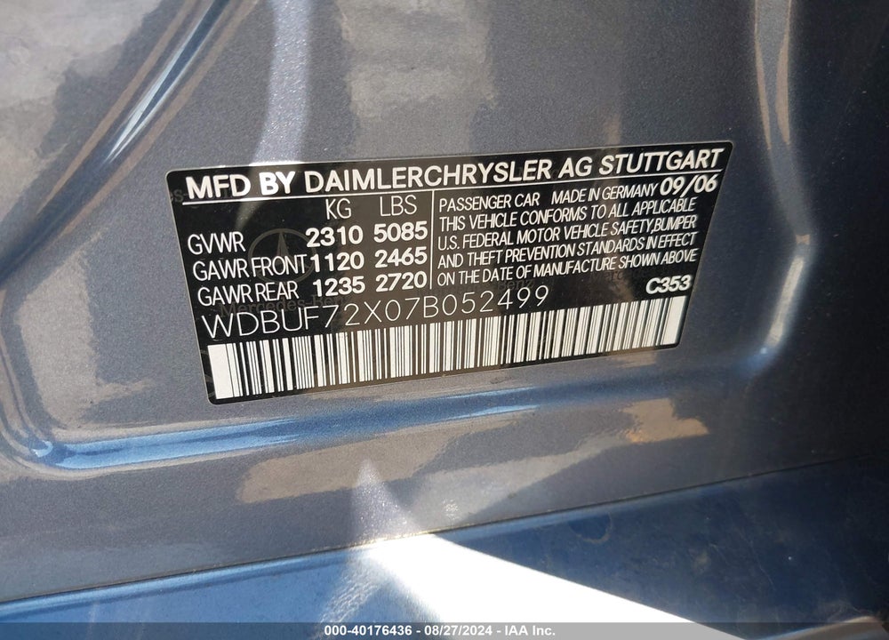 2007 MERCEDES-BENZ E 550 VIN: WDBUF72X07B052499