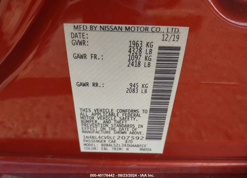 2020 NISSAN ALTIMA SR FWD VIN: 1N4BL4CV0LC207592