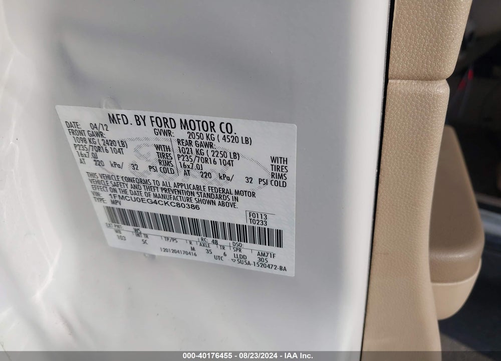 2012 FORD ESCAPE LIMITED VIN: 1FMCU0EG4CKC80386