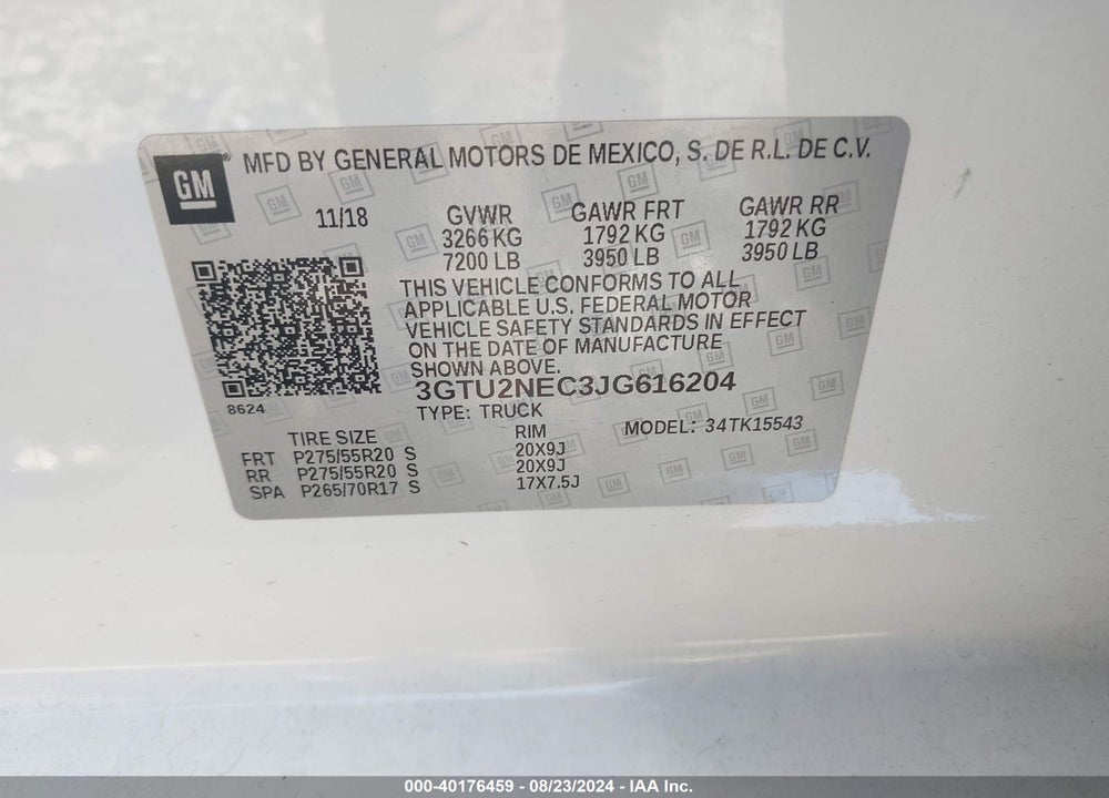 2018 GMC SIERRA 1500 SLT VIN: 3GTU2NEC3JG616204