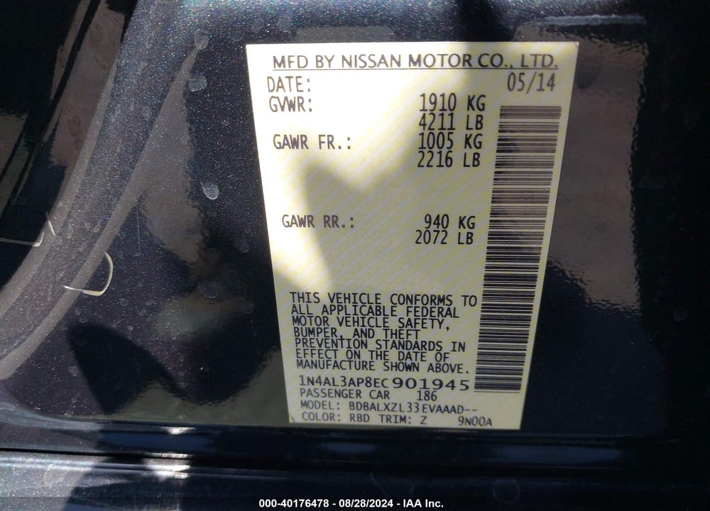 2014 NISSAN ALTIMA 2.5 SL VIN: 1N4AL3AP8EC901945