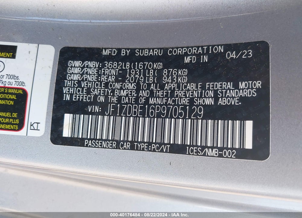2023 SUBARU BRZ VIN: JF1ZDBE16P9705129