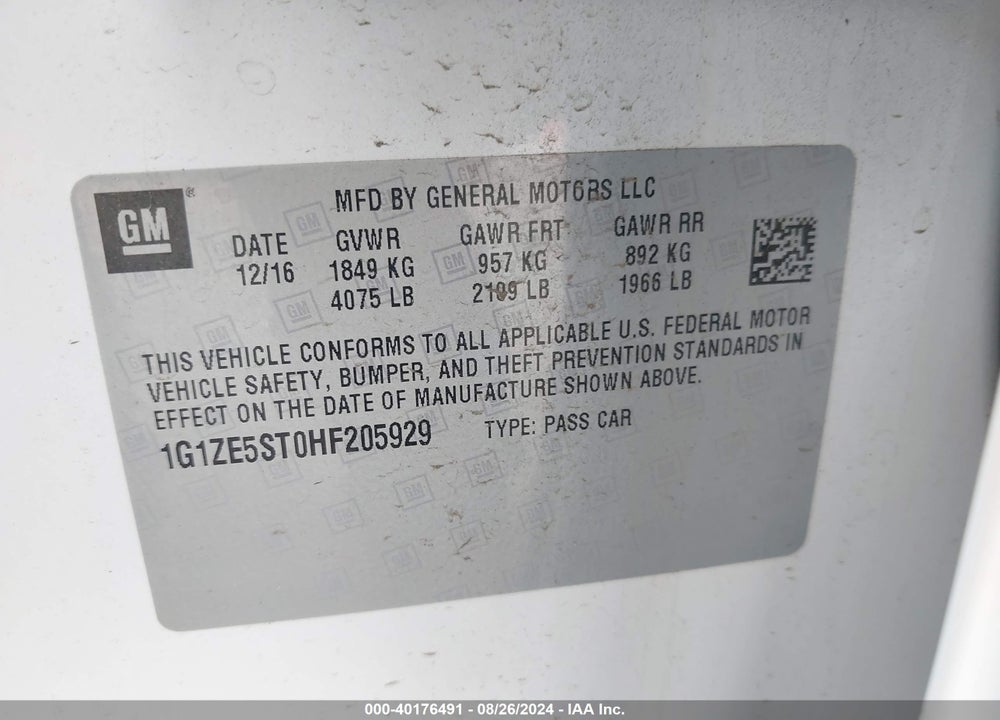 2017 CHEVROLET MALIBU 1LT VIN: 1G1ZE5ST0HF205929
