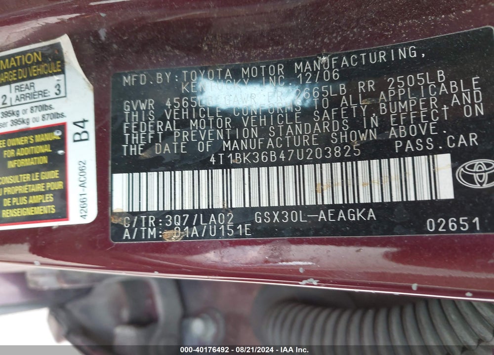 2007 TOYOTA AVALON XLS VIN: 4T1BK36B47U203825