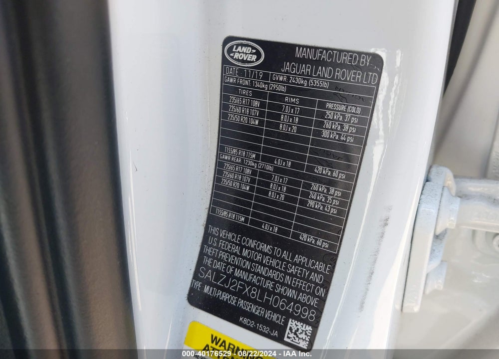 2020 LAND ROVER RANGE ROVER EVOQUE S VIN: SALZJ2FX8LH064998