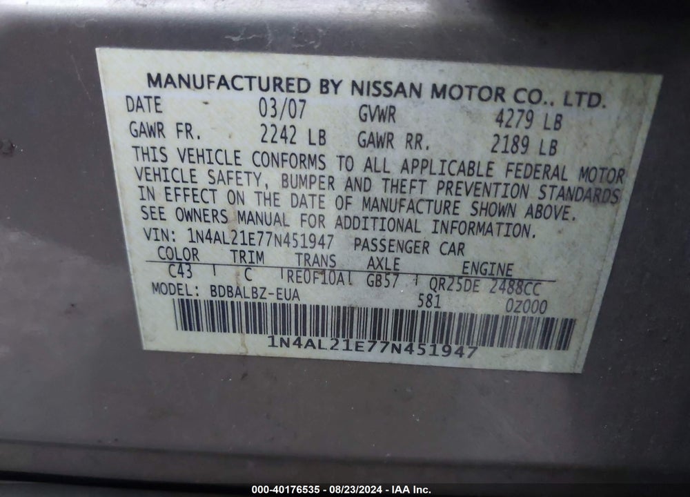 2007 NISSAN ALTIMA 2.5 S VIN: 1N4AL21E77N451947