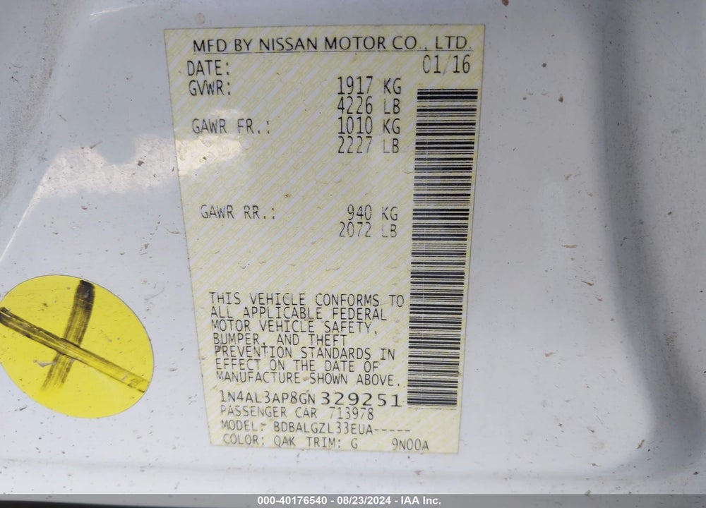 2016 NISSAN ALTIMA 2.5/2.5 S/2.5 SL/2.5 SR/2.5 SV VIN: 1N4AL3AP8GN329251