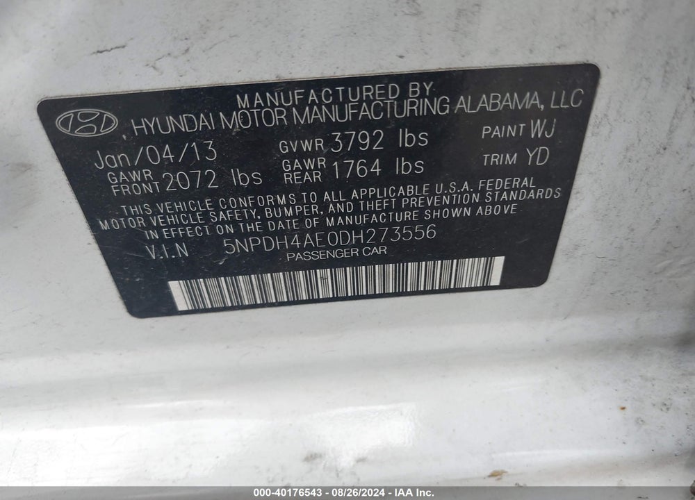 2013 HYUNDAI ELANTRA GLS VIN: 5NPDH4AE0DH273556