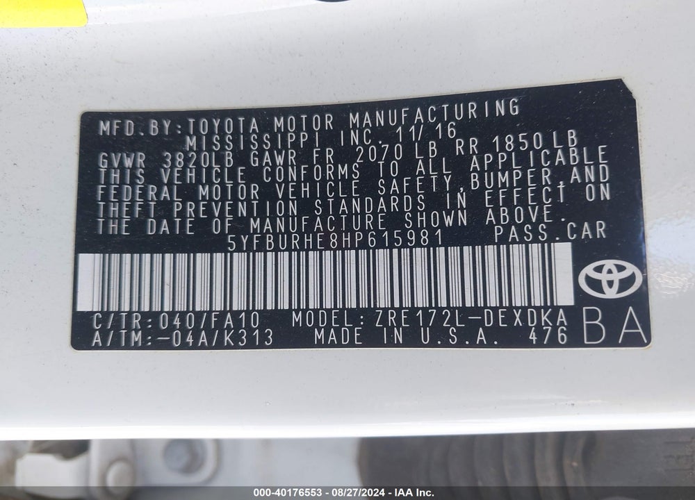 2017 TOYOTA COROLLA L VIN: 5YFBURHE8HP615981