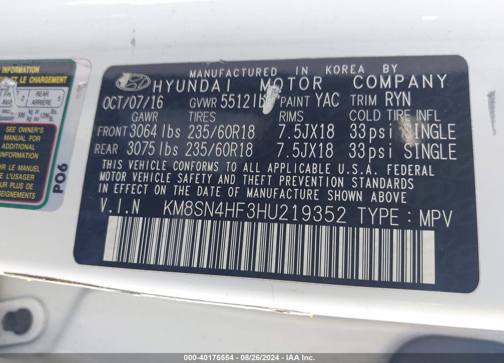 2017 HYUNDAI SANTA FE VIN: KM8SN4HF3HU219352