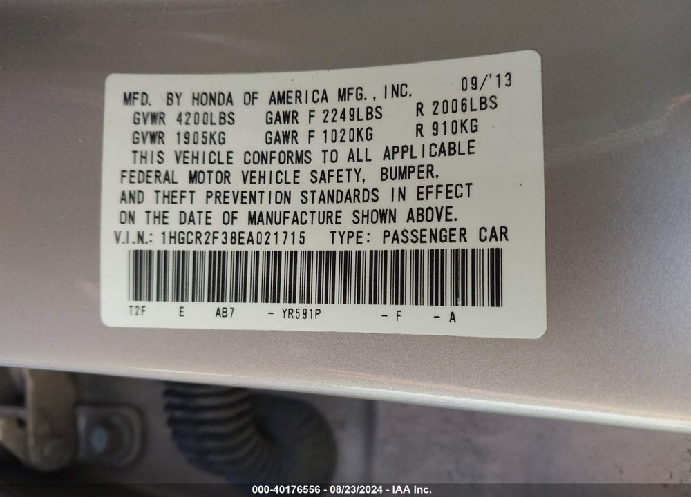 2014 HONDA ACCORD LX VIN: 1HGCR2F38EA021715