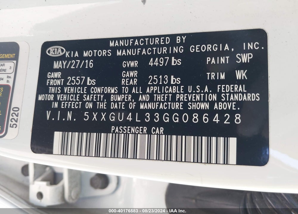 2016 KIA OPTIMA EX VIN: 5XXGU4L33GG086428