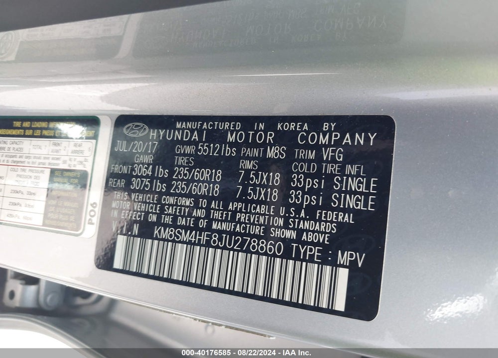 2018 HYUNDAI SANTA FE SE VIN: KM8SM4HF8JU278860