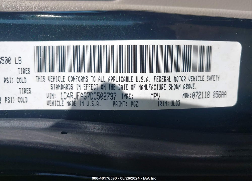 2013 JEEP GRAND CHEROKEE LAREDO VIN: 1C4RJFAG7DC502737